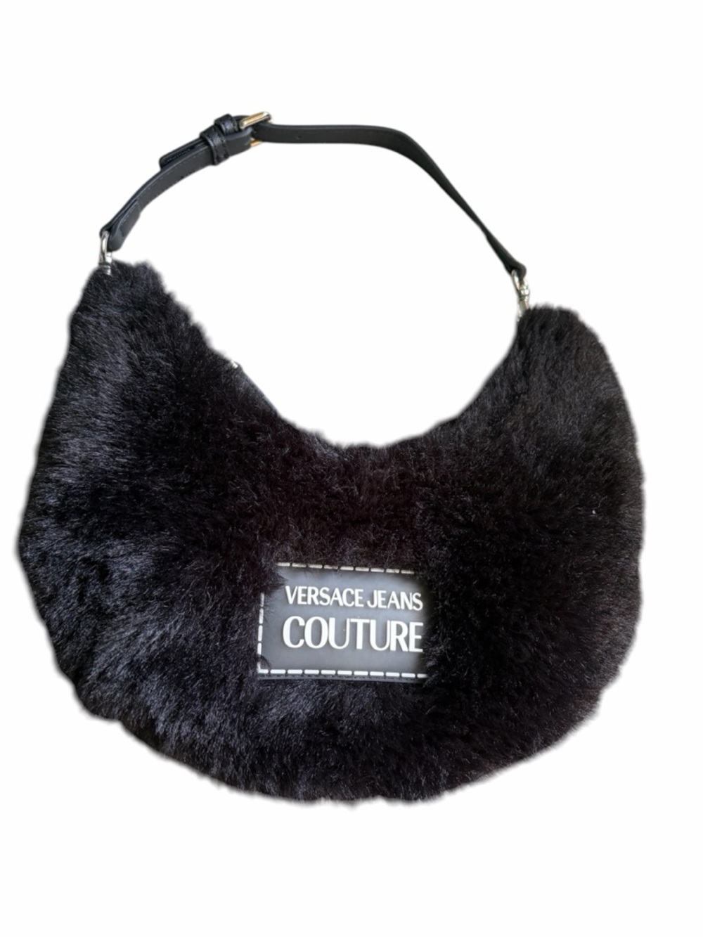 Versace Jeans Collection Black Faux Fur Crescent Hobo Bag